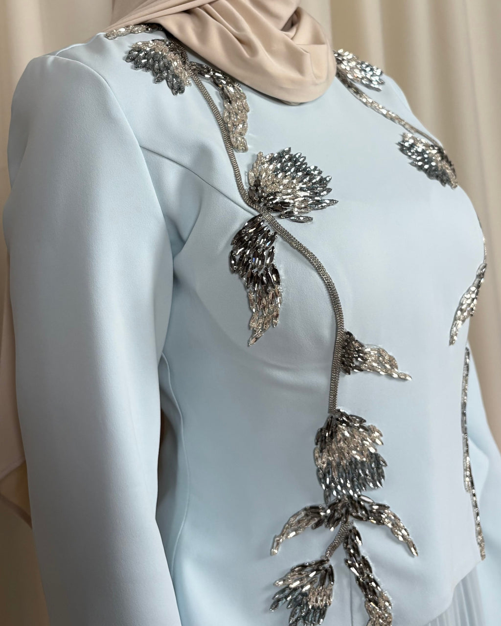 Sky blue pleated skirt and embroidered top set