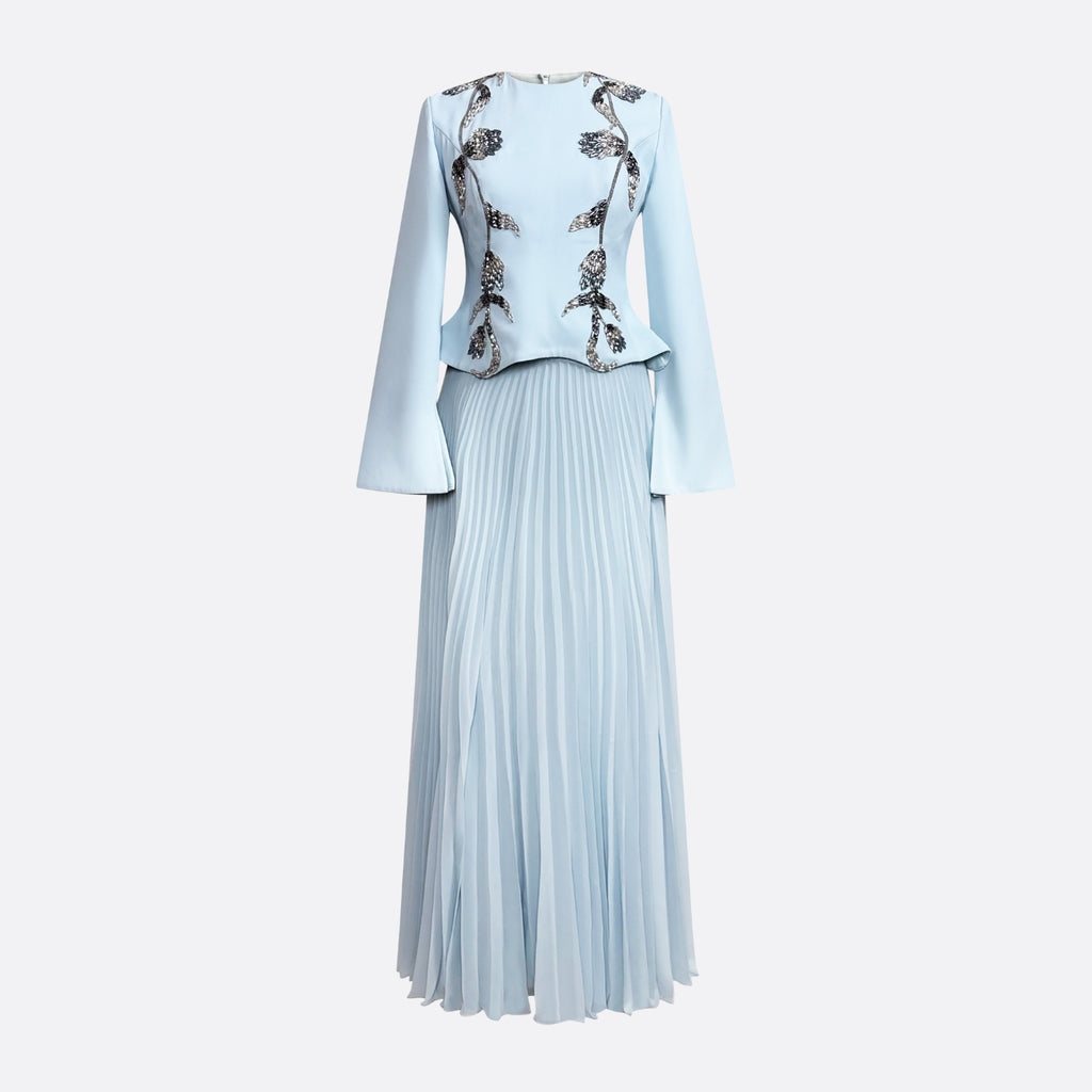 Sky blue pleated skirt and embroidered top set