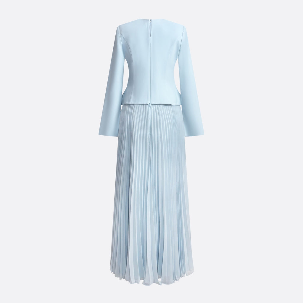 Sky blue pleated skirt and embroidered top set